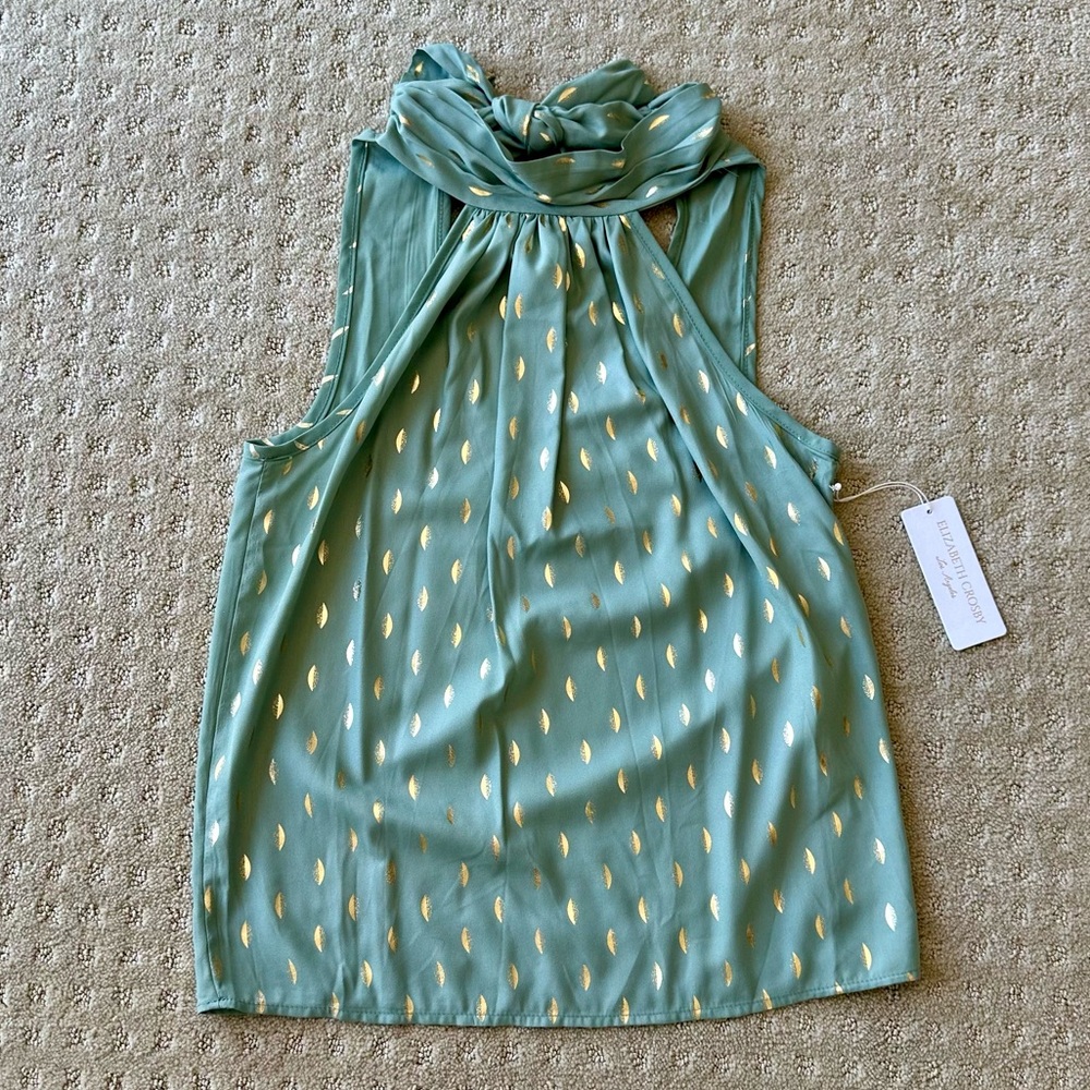 NWT Elizabeth Crosby Women's Sage Green/Gold Ana Tie Neck Top, Size XS